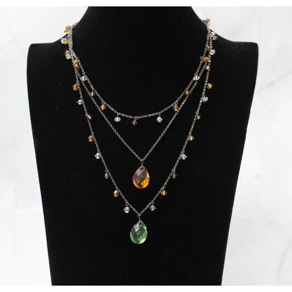 Three Strand Antiqued Gold Necklace with Amber, Green, and Clear Bead Drops N72 - Picture 1 of 2
